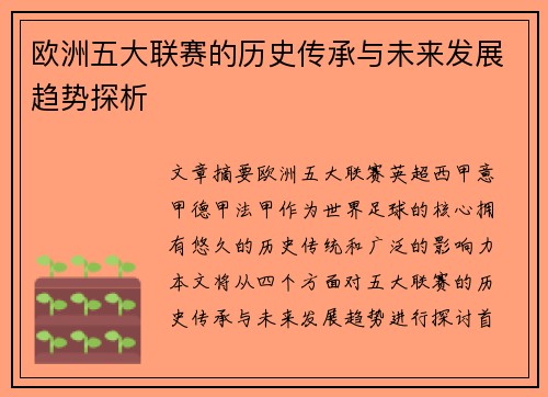 欧洲五大联赛的历史传承与未来发展趋势探析
