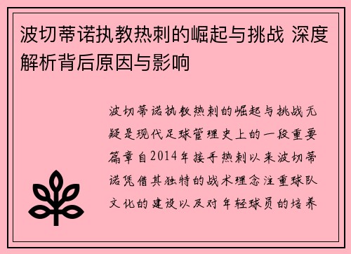 波切蒂诺执教热刺的崛起与挑战 深度解析背后原因与影响
