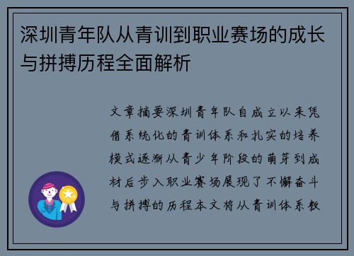 深圳青年队从青训到职业赛场的成长与拼搏历程全面解析